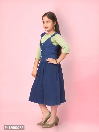 Aarika Girls Navy Blue-Green Color Cotton Blend Solid Dress-thumb3
