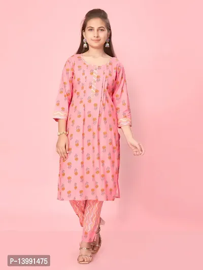 Aarika Girls Pink Colour Cotton Printed Kurti Pant Set