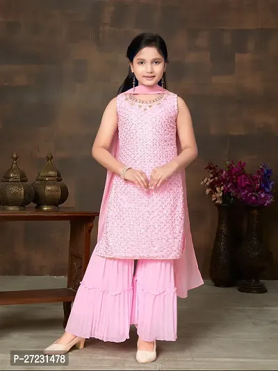 Girls Ethnic Wear Pink Colour Sequin Embroidery Georgette Kurti Sharara Set