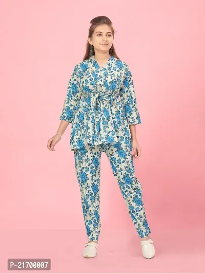 Aarika Girls Blue Colour Floral Print Cotton Co-ord Set