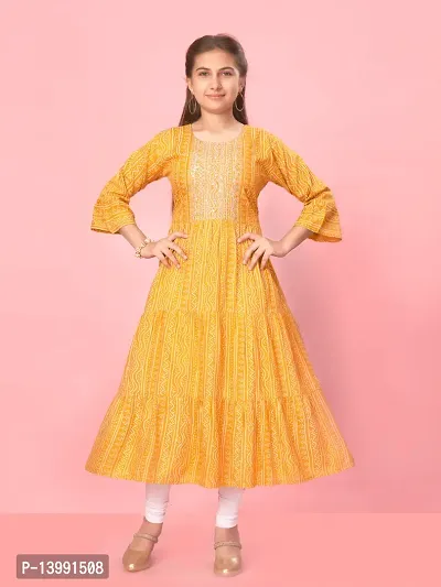 Aarika Girls Yellow Color Cotton Bandhej Kurti-thumb0