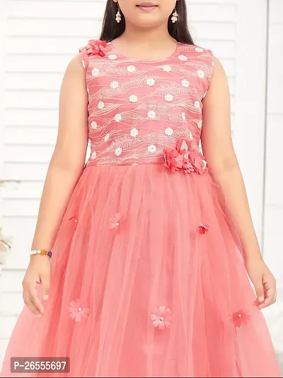 Girls Party Wear Coral Color Gliter Print Embellished Net Gown-thumb3