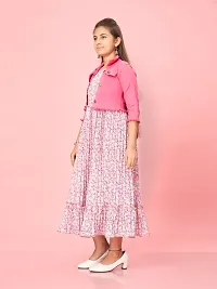 Aarika Girls Pink Colour Georgette/Denim Floral Print Dress-thumb1