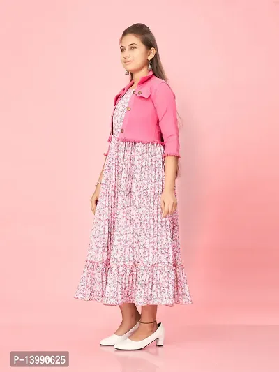 Aarika Girls Pink Colour Georgette/Denim Floral Print Dress-thumb2