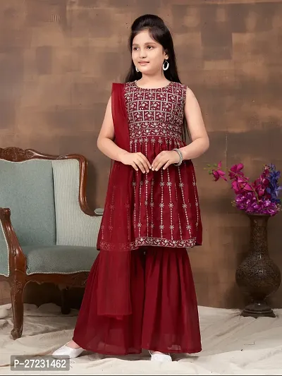 Girls Ethnic Wear Maroon Colour Thread Embroidery Georgette Kurti Sharara Set-thumb0