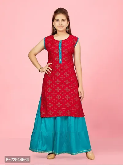 Aarika Girls Rani-Firozi Colour Cotton Kurti Skirt Set