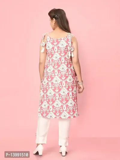 Aarika Girls Pink- White Color Cotton Printed Kurti Pant Set-thumb4