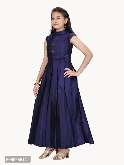 Fabulous Navy Blue Silk Solid A-Line Dress For Girls-thumb3