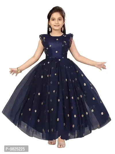 Fabulous Navy Blue Net Embellished A-Line Dress For Girls-thumb0