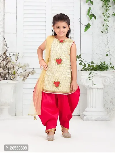 Aarika Girls Ethnic Wear Beige Colour Thread Embroidery With Lace Work Silk Kurti Patiala Set-thumb0