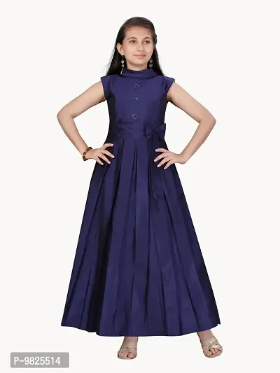 Fabulous Navy Blue Silk Solid A-Line Dress For Girls-thumb0