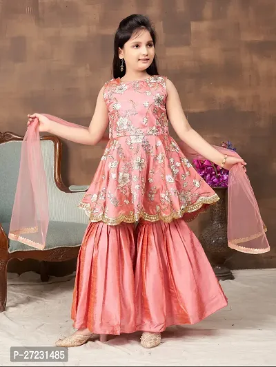 Girls Ethnic Wear Peach Colour Sequin Embroidery With Lace Border Silk Kurti Sharara Set