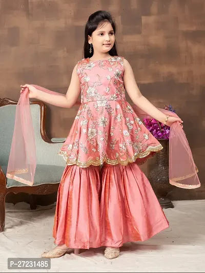 Girls Ethnic Wear Peach Colour Sequin Embroidery With Lace Border Silk Kurti Sharara Set-thumb0