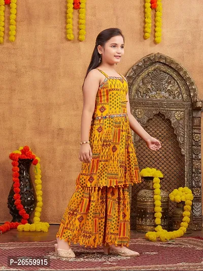 Aarika Girls Ethnic Wear Yellow Colour Printed Mirror Lace Polyester Kurti Sharara Set-thumb2