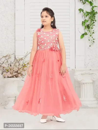 Girls Party Wear Coral Color Gliter Print Embellished Net Gown