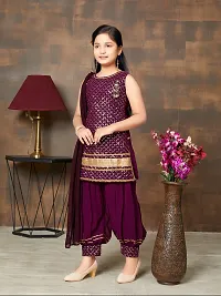 Girls Ethnic Wear Purple Colour Sequin Embroidery Lace Work Georgette Kurti Patiala Set-thumb1