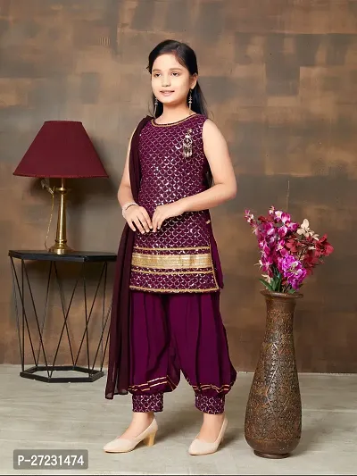 Girls Ethnic Wear Purple Colour Sequin Embroidery Lace Work Georgette Kurti Patiala Set-thumb2