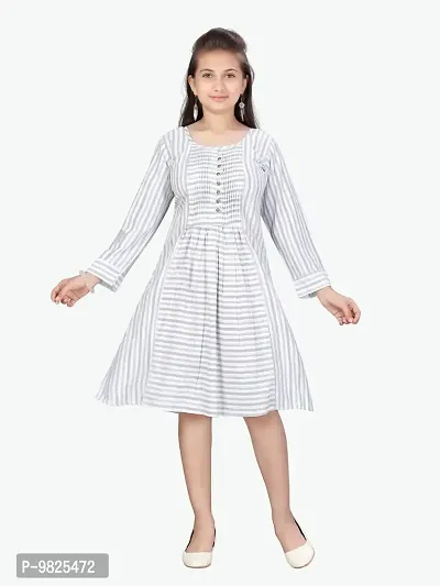 Fabulous Grey Cotton Striped A-Line Dress For Girls