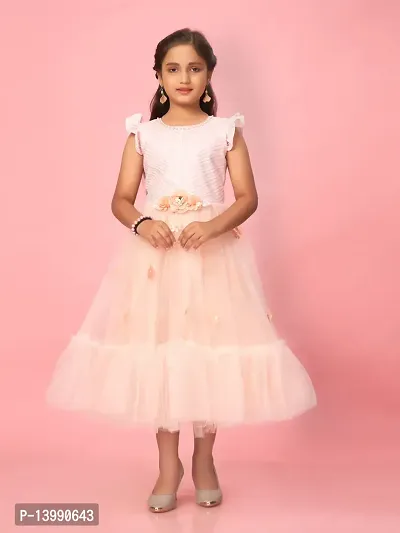 Aarika Girls Peach Colour Net Self Design Gown-thumb0