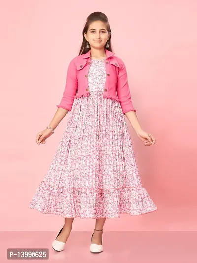 Aarika Girls Pink Colour Georgette/Denim Floral Print Dress-thumb0