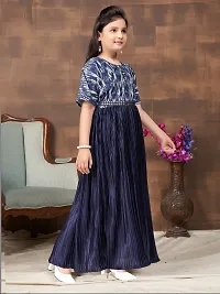 Girls Party Wear Navy Blue Colour Abstract Print Nylon Dress With Belt-thumb1