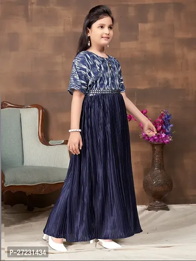 Girls Party Wear Navy Blue Colour Abstract Print Nylon Dress With Belt-thumb2