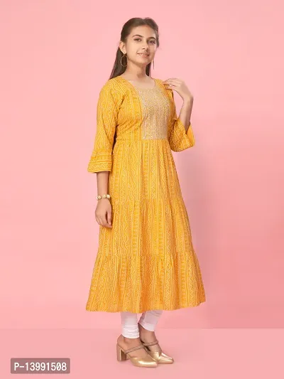 Aarika Girls Yellow Color Cotton Bandhej Kurti-thumb3