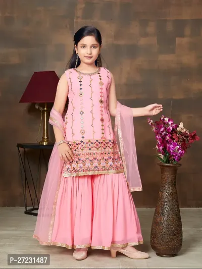 Girls Ethnic Wear Pink Colour Thread Embroidery With Lace Border Georgette Kurti Sharara Set-thumb0