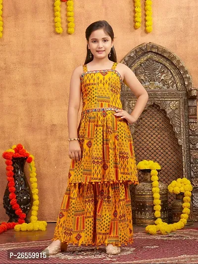Aarika Girls Ethnic Wear Yellow Colour Printed Mirror Lace Polyester Kurti Sharara Set-thumb0
