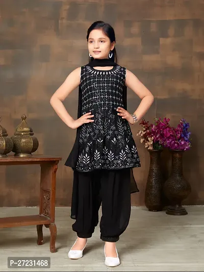 Girls Ethnic Wear Black Colour Sequin Thread Embroidery Georgette Kurti Patiala Set-thumb0