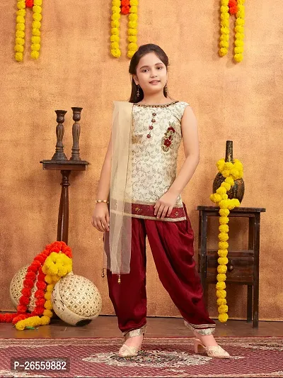 Aarika Girls Ethnic Wear Cream Colour Hand Embroidery Brocade Kurti Patiala Set