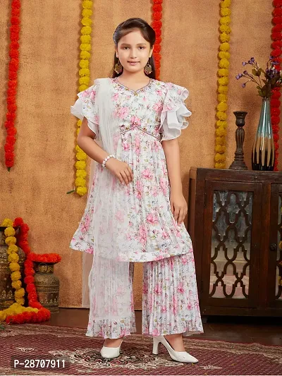 Ethnic Wear Pink Colour Floral Print Beads Embroidery Georgette Kurti Sharara Set