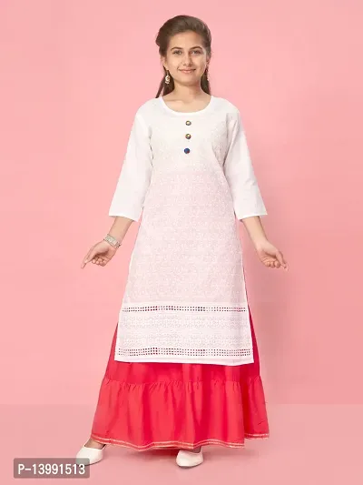 Aarika Girls White Color Cotton Embroidery Kurti-thumb0