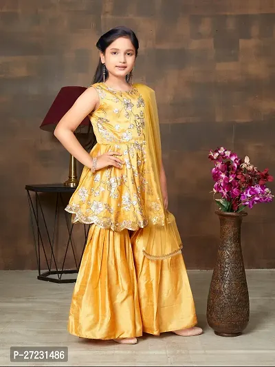 Girls Ethnic Wear Mustard Colour Sequin Embroidery With Lace Border Silk Kurti Sharara Set-thumb2