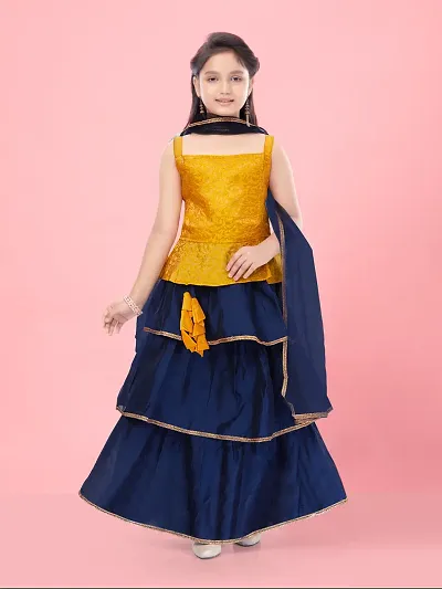 Aarika Girls Yellow-Navy BlueColour Silk Lehenga Choli Set