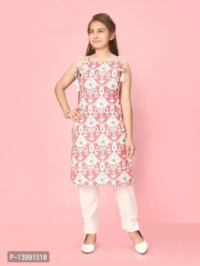 Aarika Girls Pink- White Color Cotton Printed Kurti Pant Set