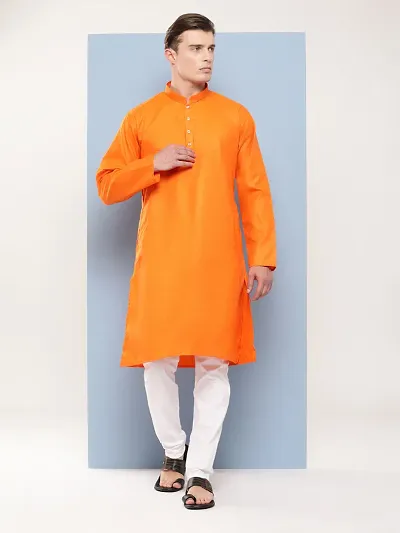 Aarika Mens Ethnic Wear Orange Colour Solid Cotton Kurta Pyjama Set
