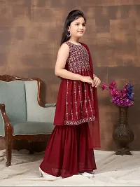 Girls Ethnic Wear Maroon Colour Thread Embroidery Georgette Kurti Sharara Set-thumb1