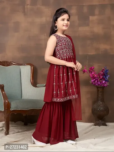 Girls Ethnic Wear Maroon Colour Thread Embroidery Georgette Kurti Sharara Set-thumb2