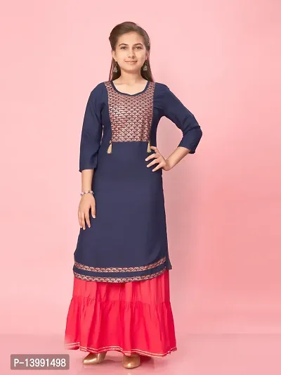 Aarika Girls Navy Blue-Gajri Colour Cotton Printed Kurti Skirt Set-thumb0