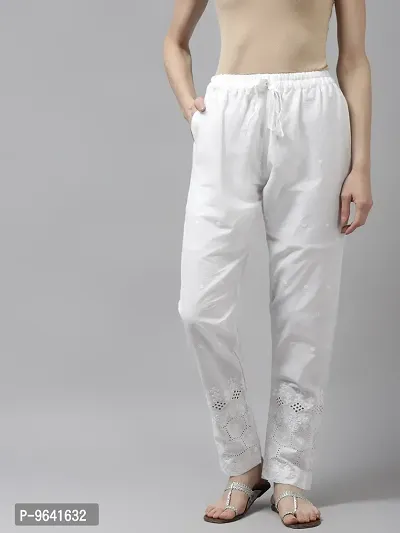 Womens White Color Cotton Embroidery Pant-thumb0