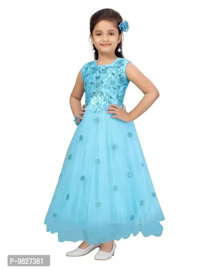 Fabulous Turquoise Net Embellished A-Line Dress For Girls-thumb3