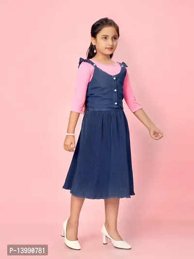 Aarika Girls Navy Blue-Pink Color Cotton Blend Solid Dress