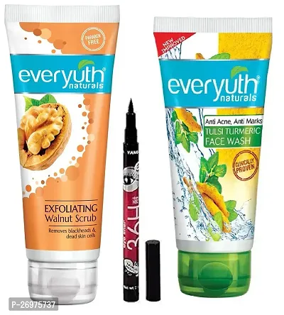 Everyuth Walnut Scrub + 36H Eyelinear + Everyuth Tulsi Turmeric Facw Wash Combo-thumb0