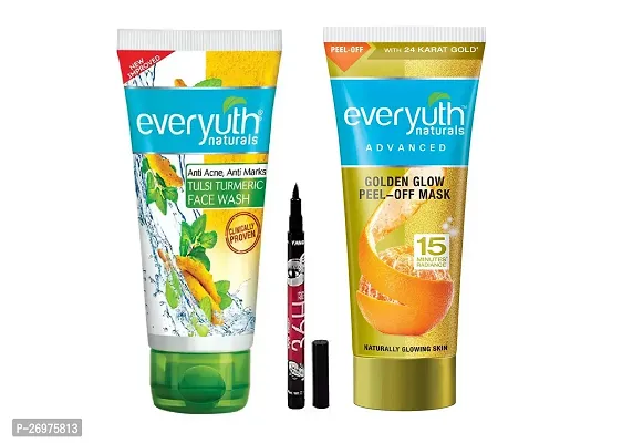 Everyuth Peel Off Mask + 36H Eyelinear + Everyuth Tulsi Turmeric Face Wash Combo