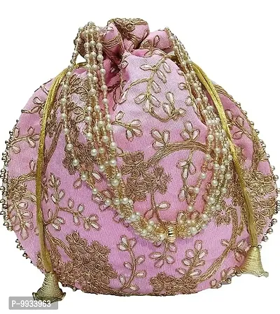 Jaipuri Gold Zari Embroided Silk Potli With Beautiful Pearl HandleFor Women-thumb0