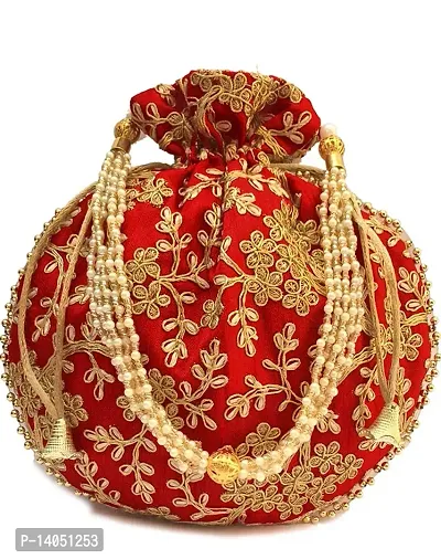 Jaipuri Gold Zari Embroided Silk Potli With Beautiful Pearl Handle For Women (Red)-thumb0