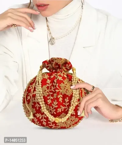 Jaipuri Gold Zari Embroided Silk Potli With Beautiful Pearl Handle For Women (Red)-thumb2