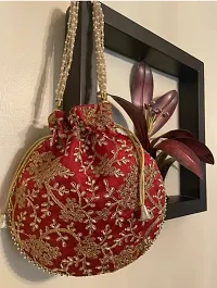 Jaipuri Gold Zari Embroided Silk Potli With Beautiful Pearl Handle For Women (Red)-thumb3