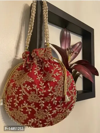Jaipuri Gold Zari Embroided Silk Potli With Beautiful Pearl Handle For Women (Red)-thumb4